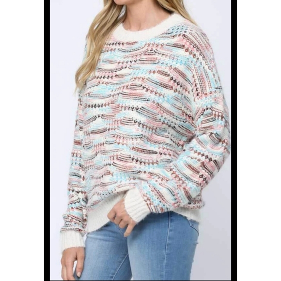 5⭐Fuzzy white boho multi print oversized chunky knit pullover crew neck sweater - Picture 4 of 11